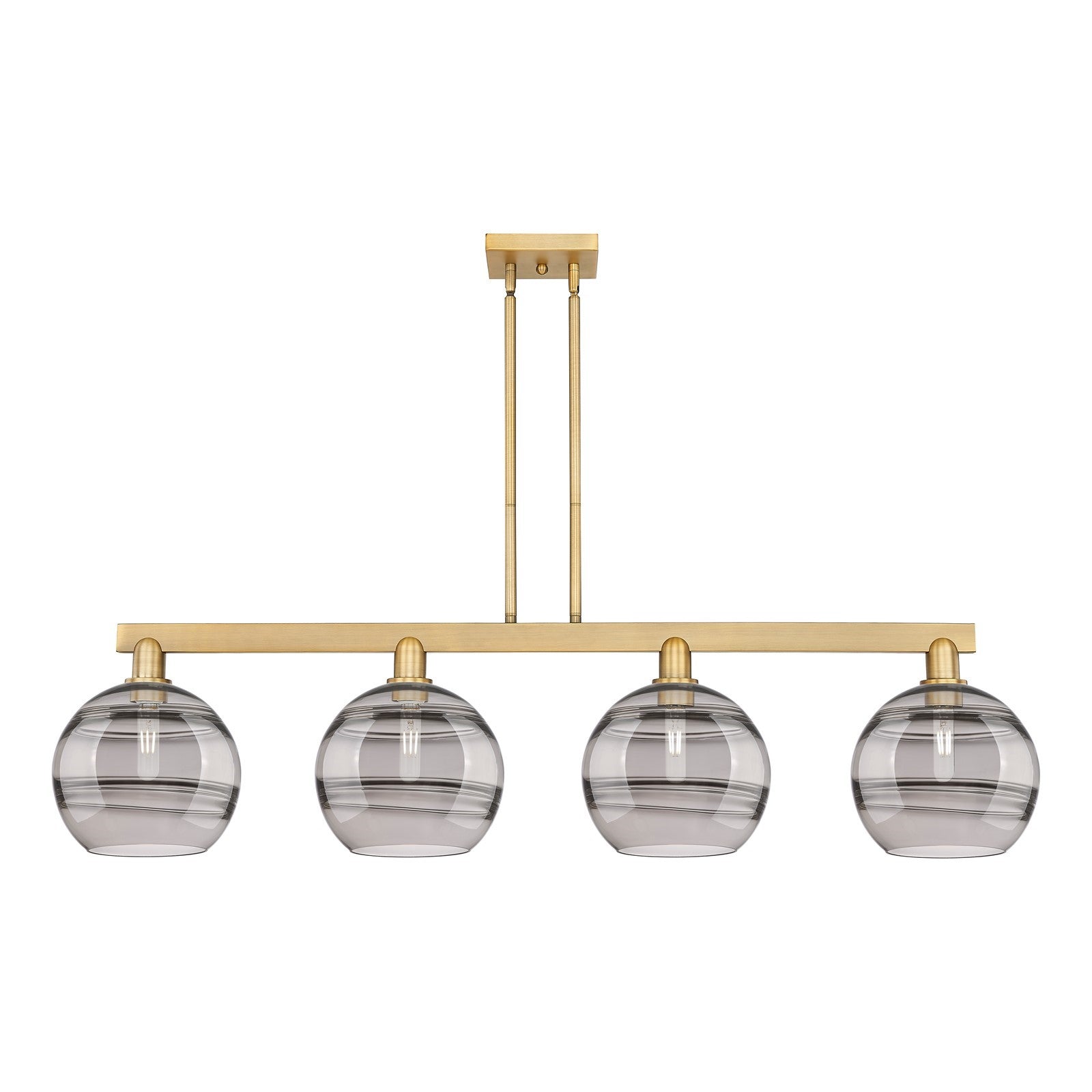 Innovations Rochester 53in 4-Light Island Light | Industrial Brushed Brass and Light Smoke Glass | Kitchen Island & Dining | Model 716-4I-BB-G556-10SM