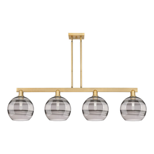 Innovations Rochester 53in 4-Light Island Light | Industrial Brushed Brass and Light Smoke Glass | Kitchen Island & Dining | Model 716-4I-BB-G556-10SM