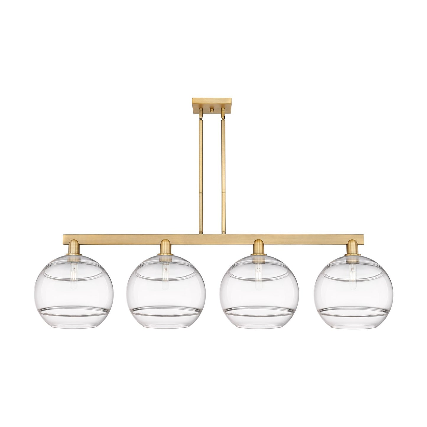 Innovations Rochester 55in 4-Light Island Light | Industrial Brushed Brass Steel and Clear Glass | Kitchen Island & Dining | Model 716-4I-BB-G556-12CL