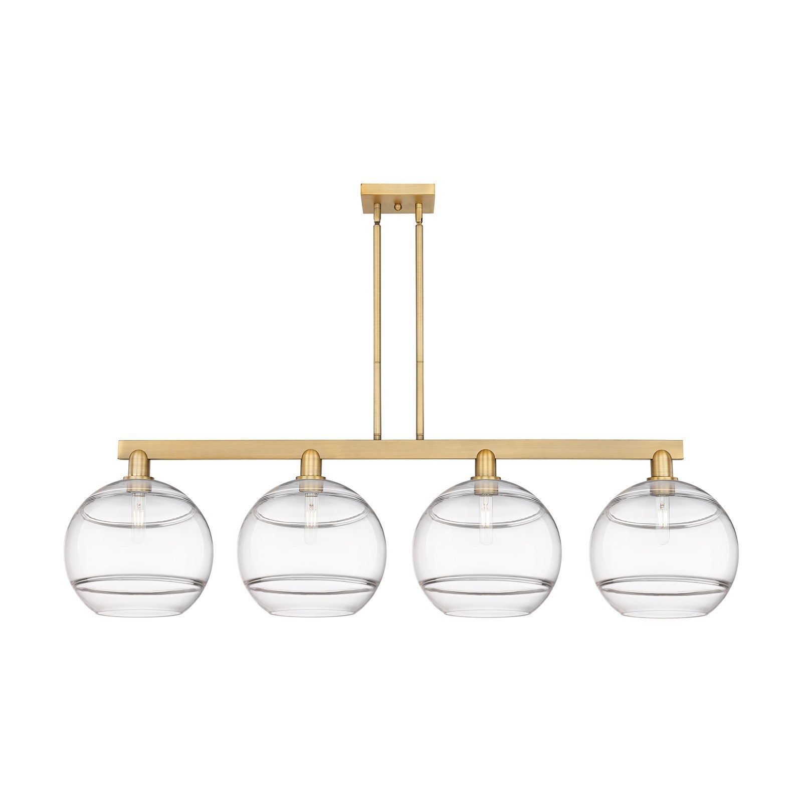 Innovations Rochester 55in 4-Light Island Light | Industrial Brushed Brass Steel and Clear Glass | Kitchen Island & Dining | Model 716-4I-BB-G556-12CL