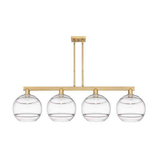 Innovations Rochester 55in 4-Light Island Light | Industrial Brushed Brass Steel and Clear Glass | Kitchen Island & Dining | Model 716-4I-BB-G556-12CL
