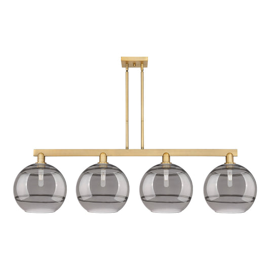Innovations Rochester 55in 4-Light Island Light | Industrial Brushed Brass Steel and Light Smoke Glass | Kitchen Island & | Model 716-4I-BB-G556-12SM