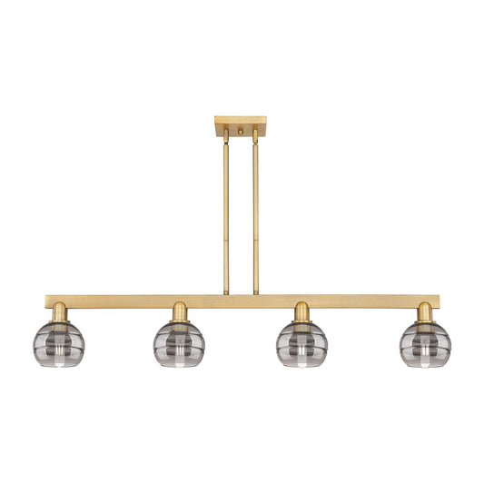 Innovations Rochester 49in 4-Light Island Light | Industrial Brushed Brass and Light Smoked Glass | Kitchen Island & Dining | Model 716-4I-BB-G556-6SM
