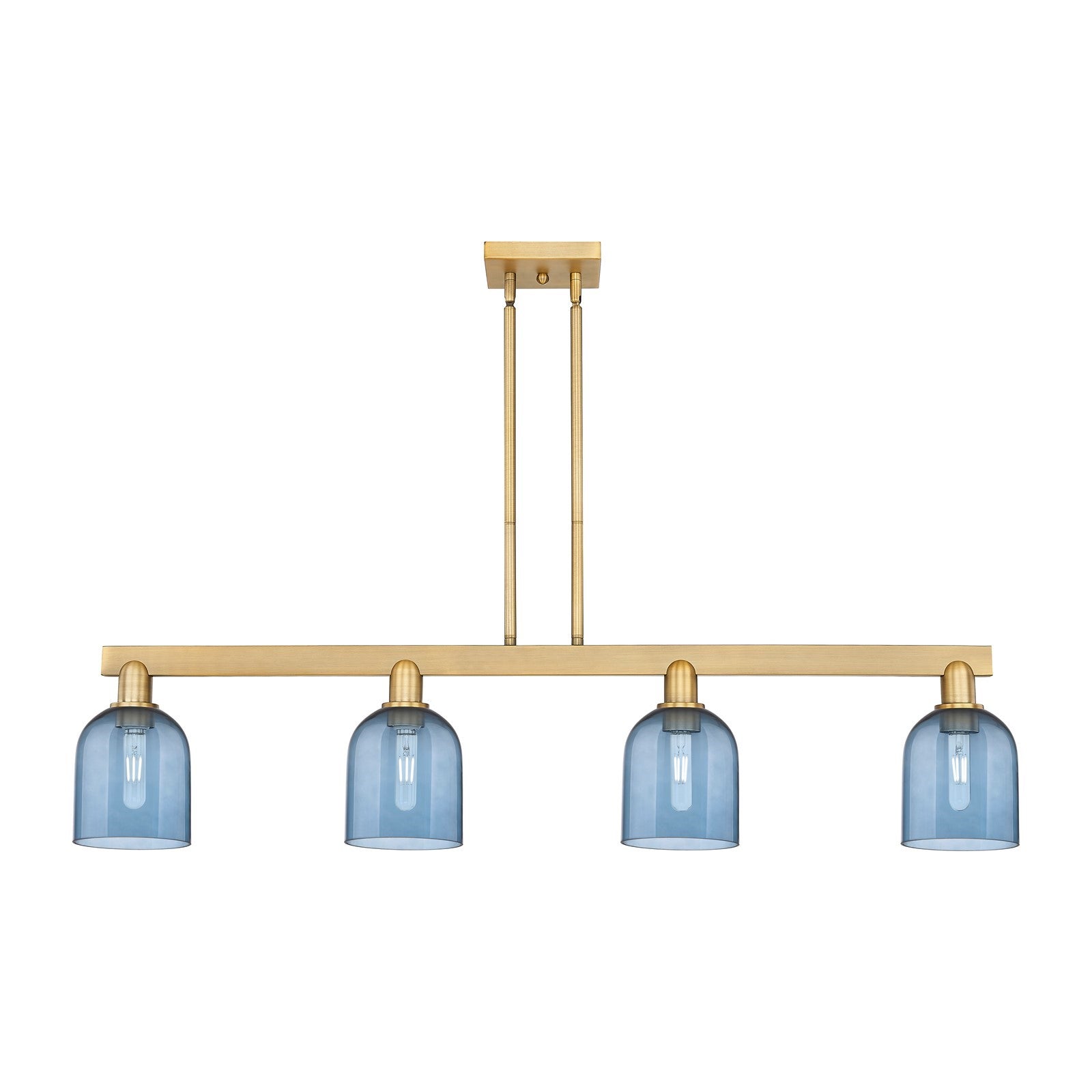Innovations Bella 48in 4-Light Island Light | Industrial Brushed Brass Steel and Blue Glass | Kitchen Island & Dining Room | Model 716-4I-BB-G558-6BL