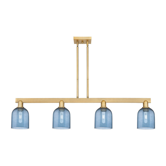 Innovations Bella 48in 4-Light Island Light | Industrial Brushed Brass Steel and Blue Glass | Kitchen Island & Dining Room | Model 716-4I-BB-G558-6BL