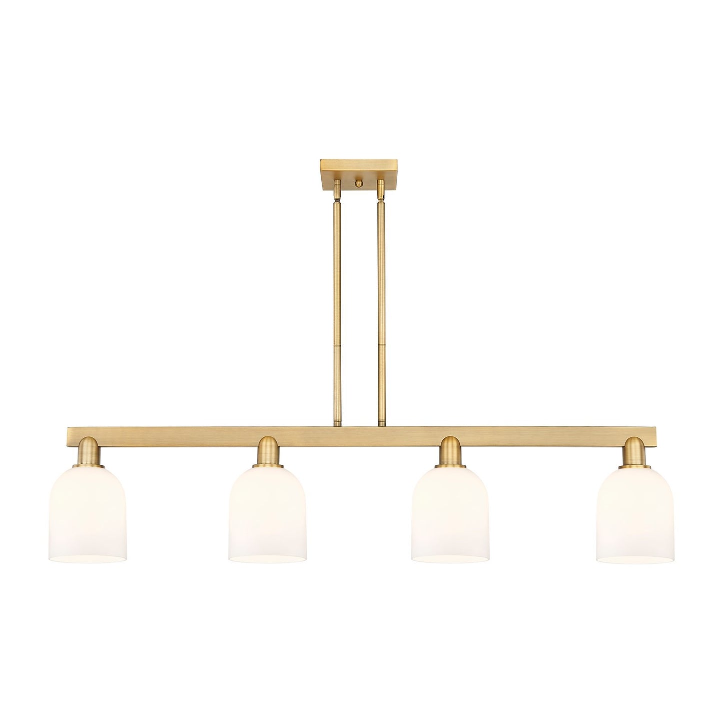 Innovations Bella 48in 4-Light Island Light | Industrial Brushed Brass and White Glass | Kitchen Island & Dining Room | Model 716-4I-BB-G558-6GWH