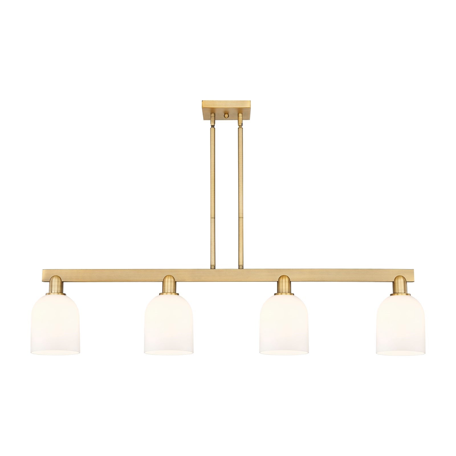 Innovations Bella 48in 4-Light Island Light | Industrial Brushed Brass and White Glass | Kitchen Island & Dining Room | Model 716-4I-BB-G558-6GWH