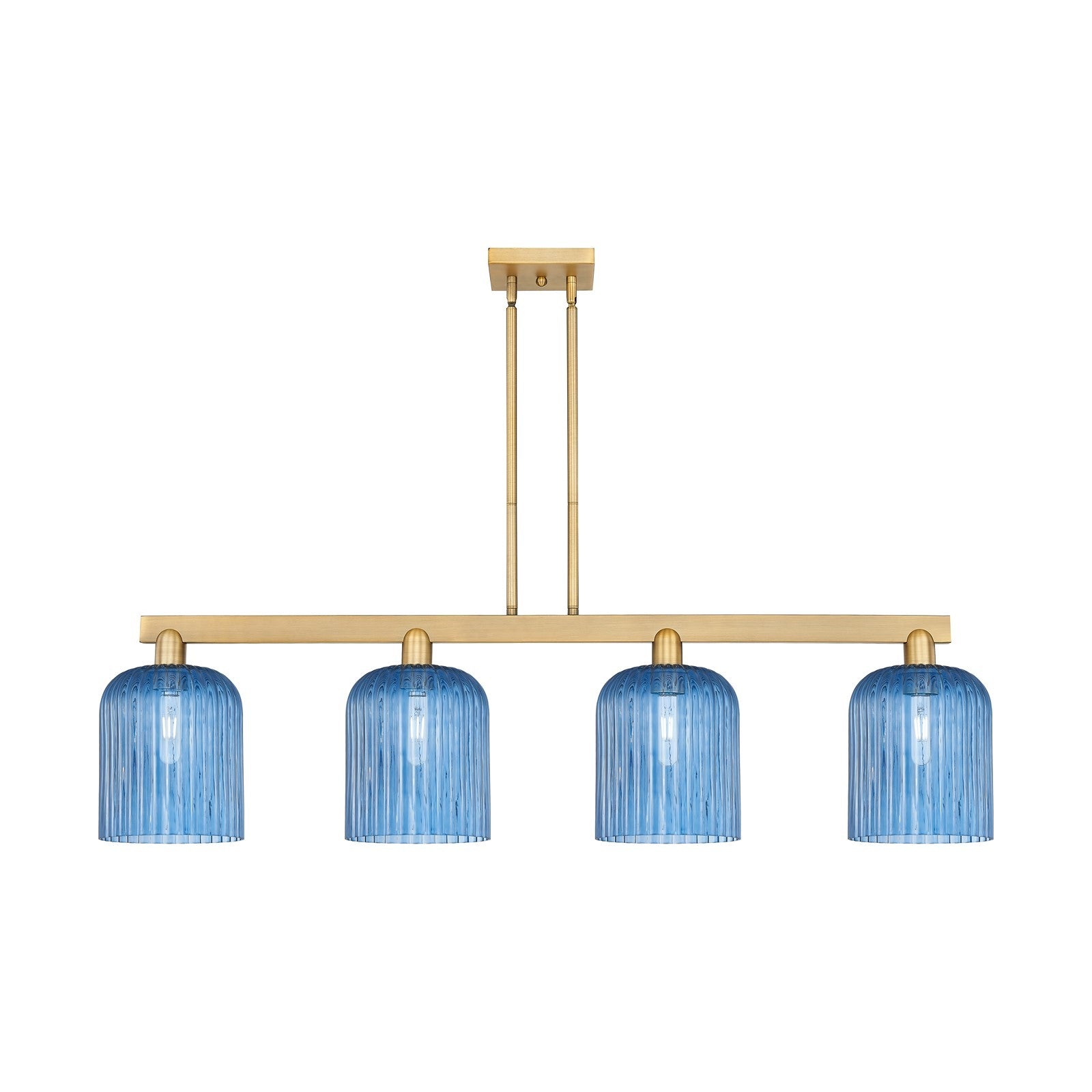 Innovations Bridal Veil 51in 4-Light Island Light | Industrial Brushed Brass and Princess Blue Ribbed Glass | Kitchen Island & | Model 716-4I-BB-G559-8BL