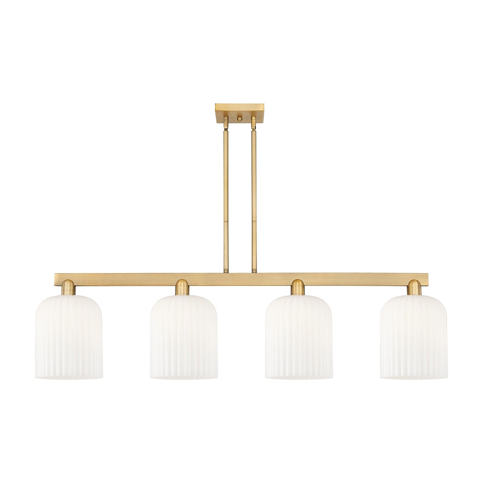 Innovations Bridal Veil 51in 4-Light Island Light | Industrial Brushed Brass and Gloss White Ribbed Glass | Kitchen Island & | Model 716-4I-BB-G559-8GWH