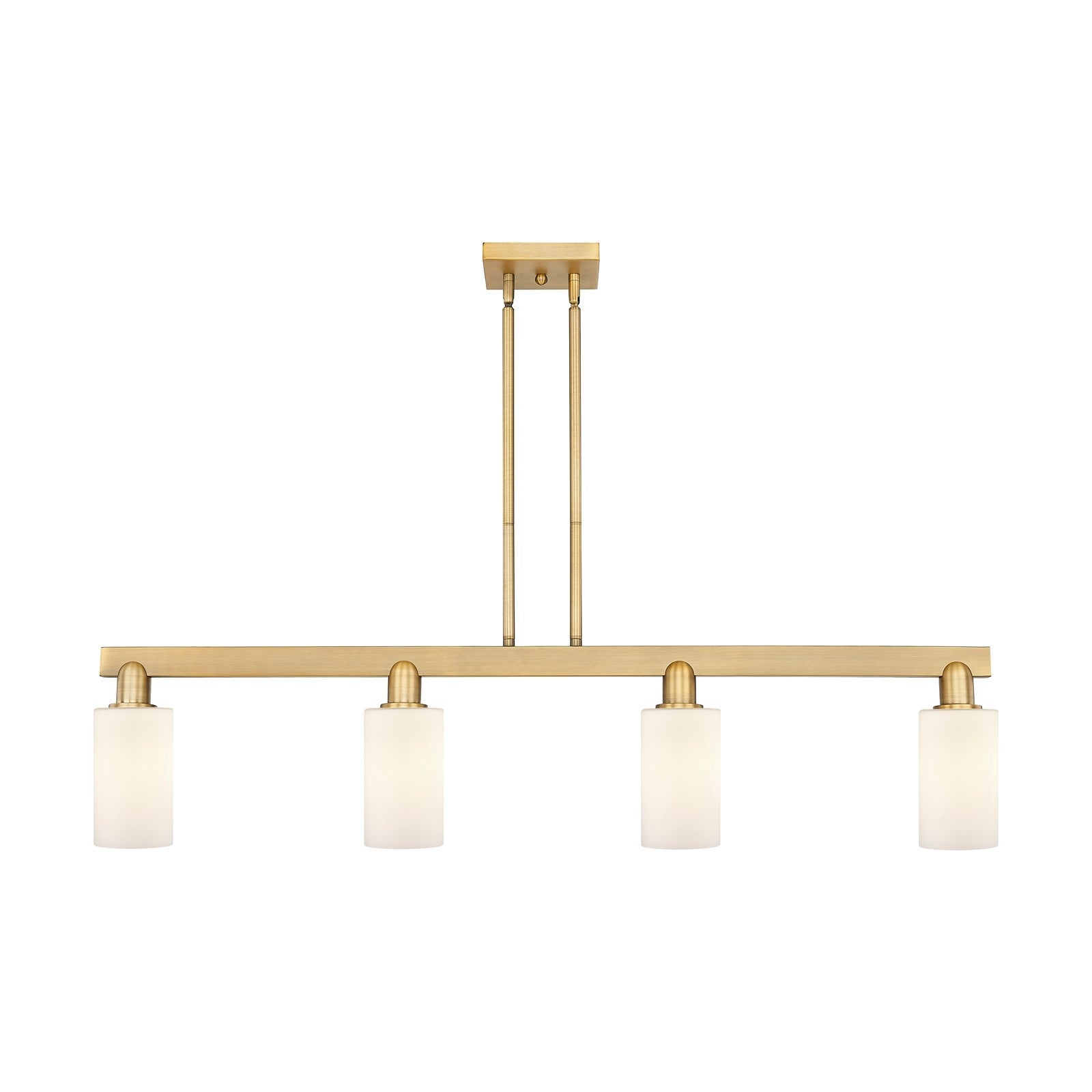 Innovations Clymer 47in 4-Light Island Light | Industrial Brushed Brass Steel and Matte White Glass | Kitchen Island & Dining Room | Model 716-4I-BB-G801