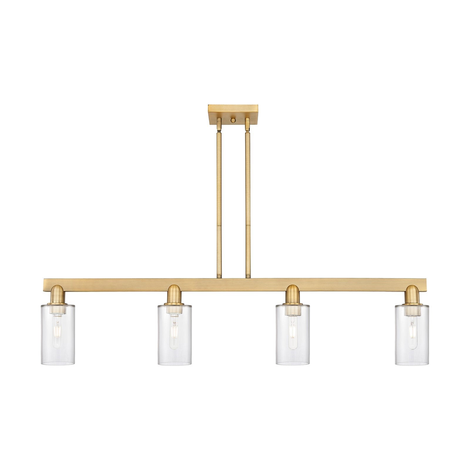 Innovations Clymer 47in 4-Light Island Light | Industrial Brushed Brass Steel and Clear Glass | Kitchen Island & Dining Room | Model 716-4I-BB-G802