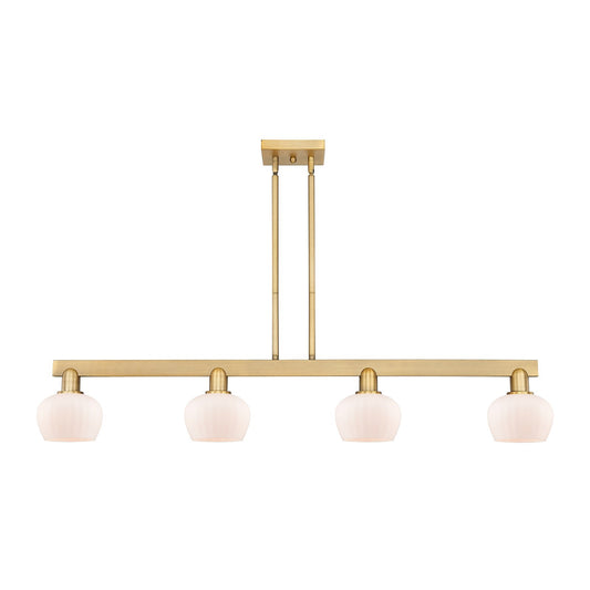 Innovations Fenton 49in 4-Light Island Light | Industrial Brushed Brass Steel and Matte White Ribbed Glass | Kitchen Island & Dining | Model 716-4I-BB-G91