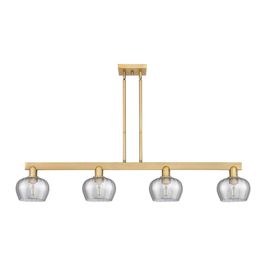 Innovations Fenton 49in 4-Light Island Light | Industrial Brushed Brass Steel and Light Smoke Ribbed Glass | Kitchen Island & Dining | Model 716-4I-BB-G93