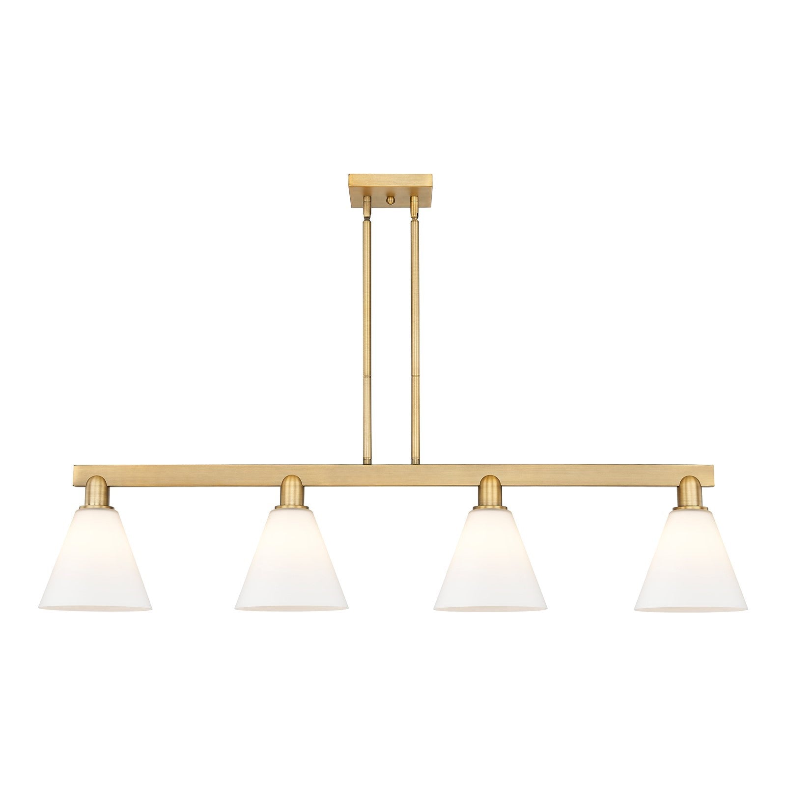 Innovations Berkshire Glass 51in 4-Light Island Light | Industrial Brushed Brass Steel and Matte White Glass | Kitchen Island & | Model 716-4I-BB-GBC-81