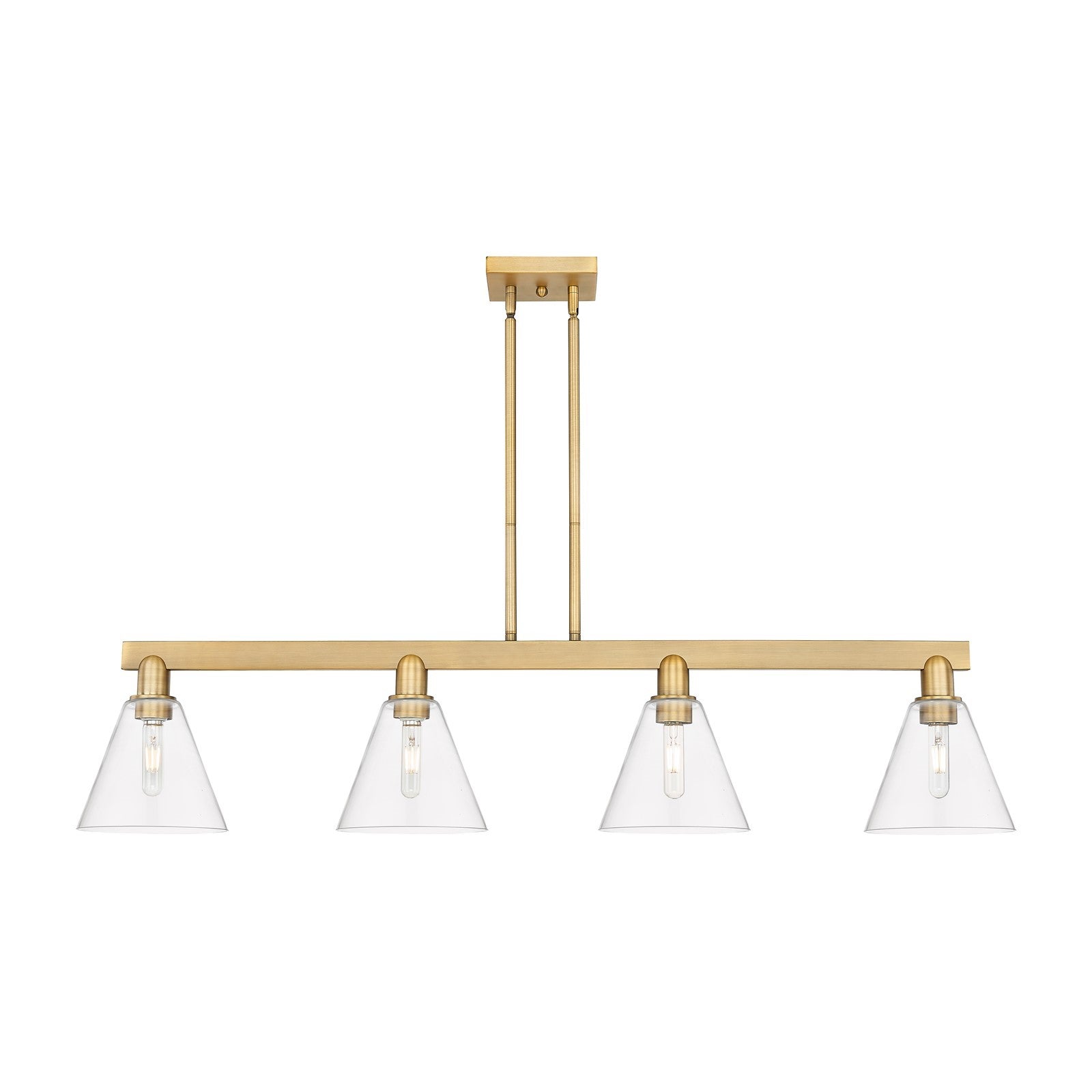 Innovations Berkshire Glass 51in 4-Light Island Light | Industrial Brushed Brass Steel and Clear Glass | Kitchen Island & Dining | Model 716-4I-BB-GBC-82