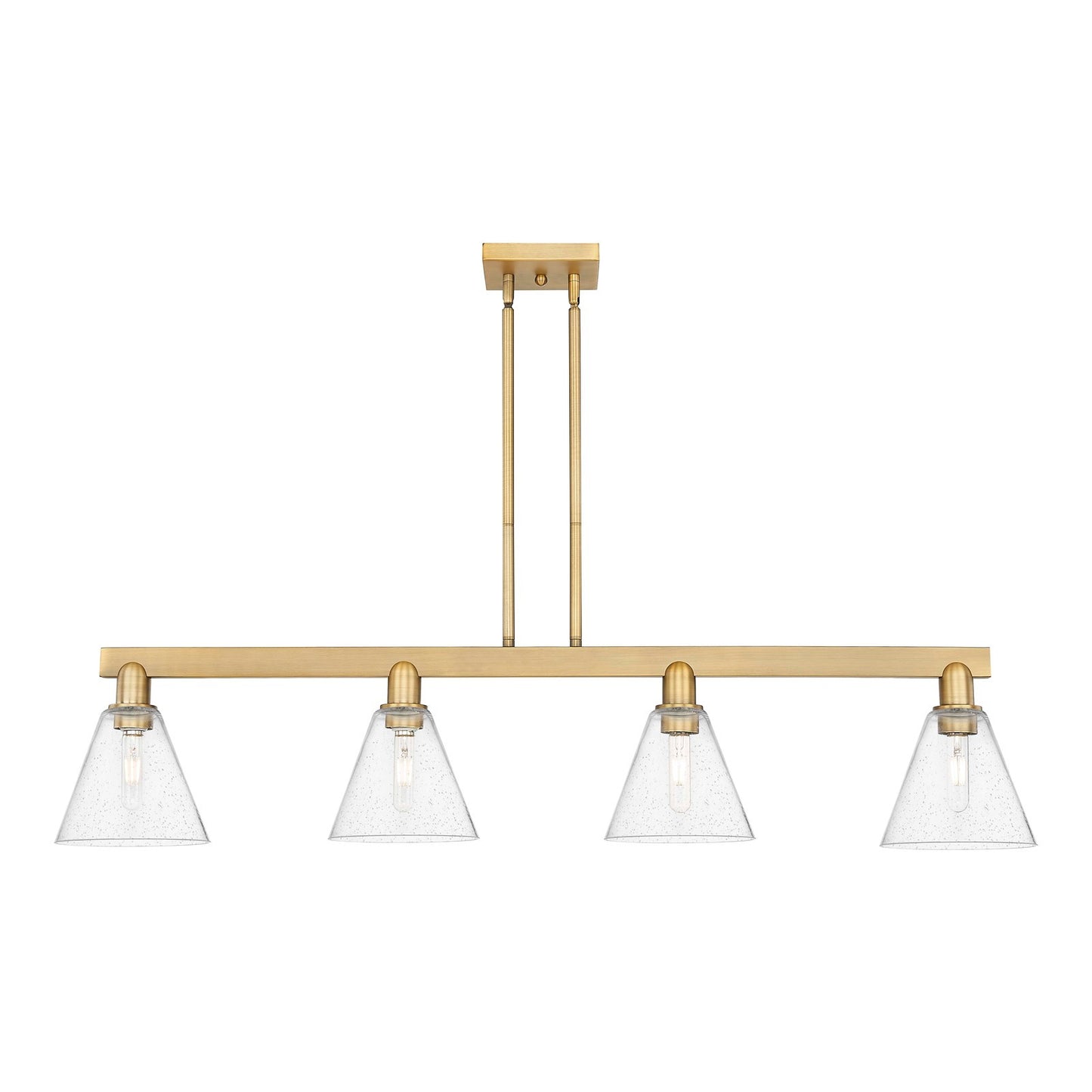 Innovations Berkshire Glass 51in 4-Light Island Light | Industrial Brushed Brass Steel and Seedy Glass | Kitchen Island & Dining | Model 716-4I-BB-GBC-84