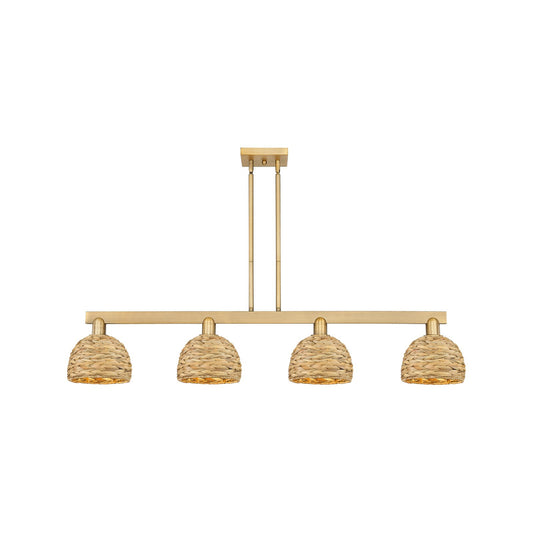 Innovations Woven Rattan 51in 4-Light Island Light | Industrial Brushed Brass and Natural Fiber Dome Shade | Kitchen Island & | Model 716-4I-BB-RBD-8-NAT