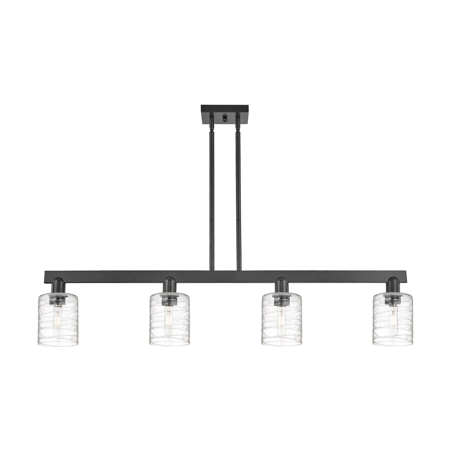Innovations Cobbleskill 48in 4-Light Island Light | Industrial Matte Black Steel and Deco Swirl Clear Glass | Kitchen Island & | Model 716-4I-BK-G1113