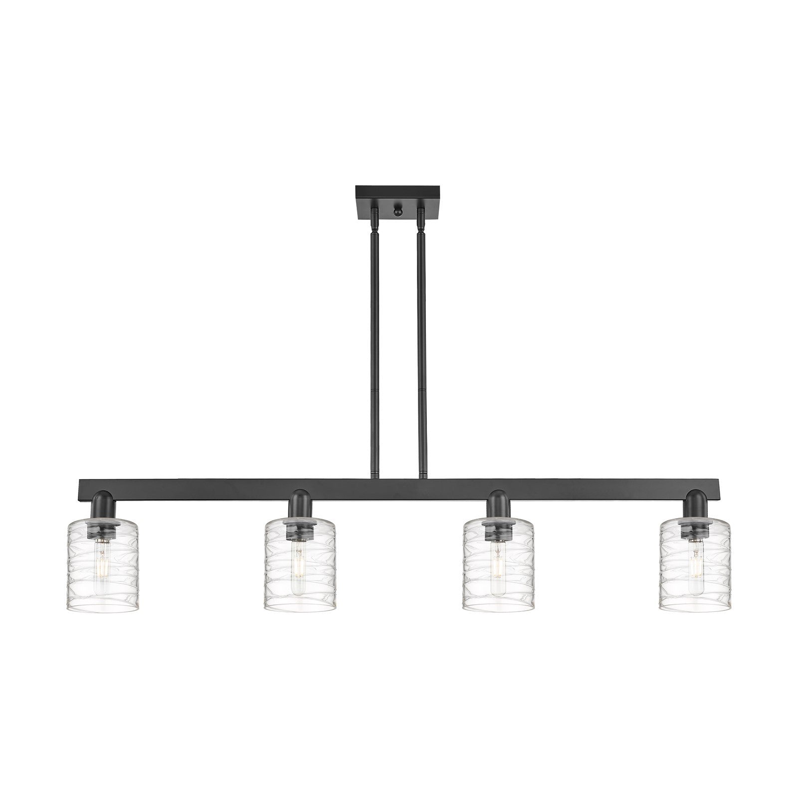 Innovations Cobbleskill 48in 4-Light Island Light | Industrial Matte Black Steel and Deco Swirl Clear Glass | Kitchen Island & | Model 716-4I-BK-G1113