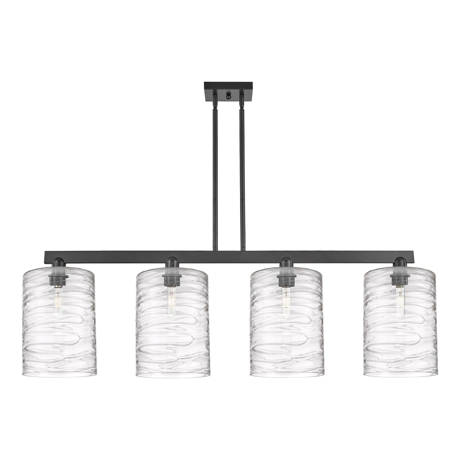 Innovations Lighting Cobbleskill 52in 4-Light Island Light | Industrial Matte Black Steel and Deco Swirl Glass | Kitchen Island | Model 716-4I-BK-G1113-L