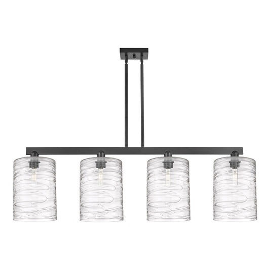 Innovations Lighting Cobbleskill 52in 4-Light Island Light | Industrial Matte Black Steel and Deco Swirl Glass | Kitchen Island | Model 716-4I-BK-G1113-L