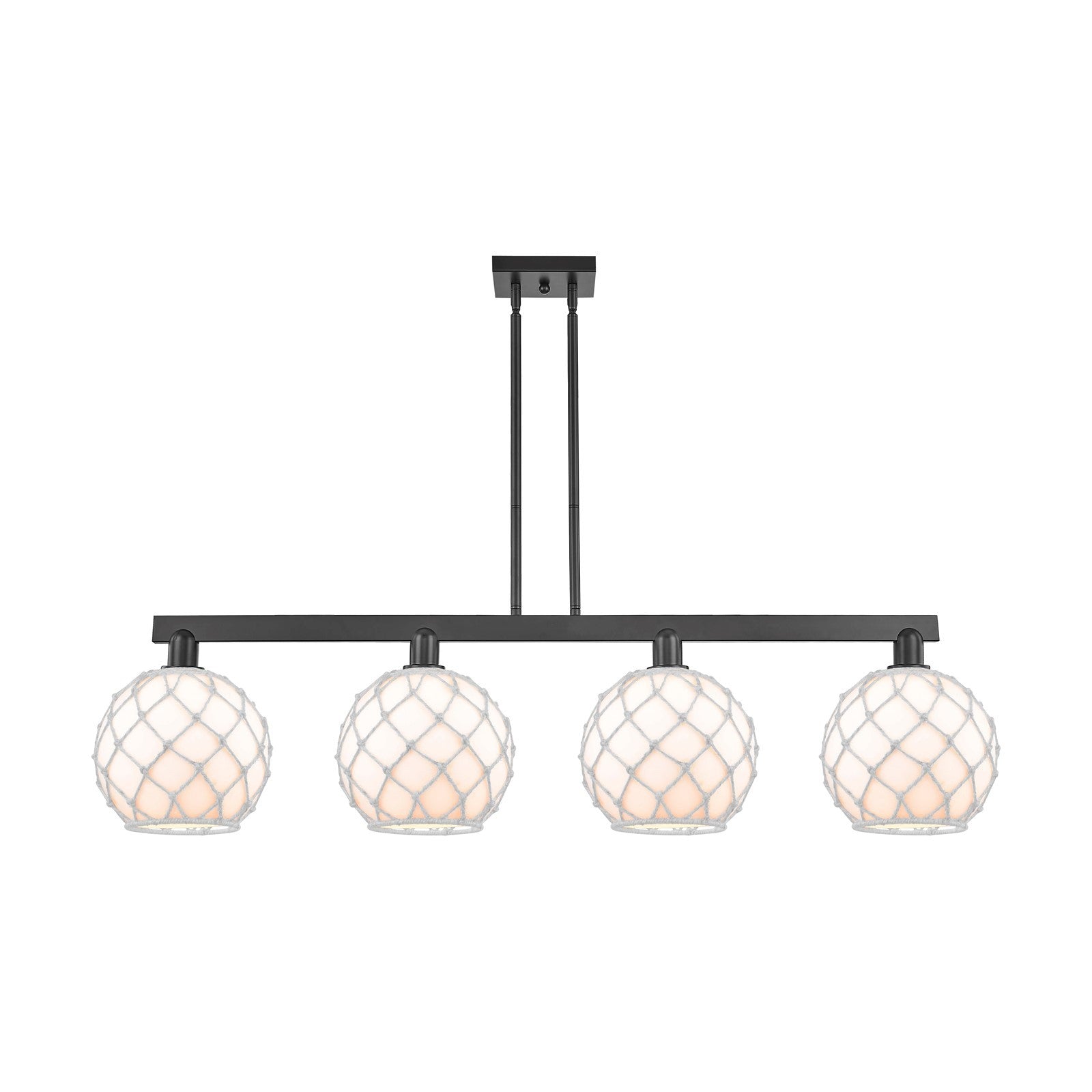 Innovations Farmhouse Rope 53in 4-Light Island Light | Industrial Matte Black Steel and White Glass with Rope Shade | Kitchen | Model 716-4I-BK-G121-10RW