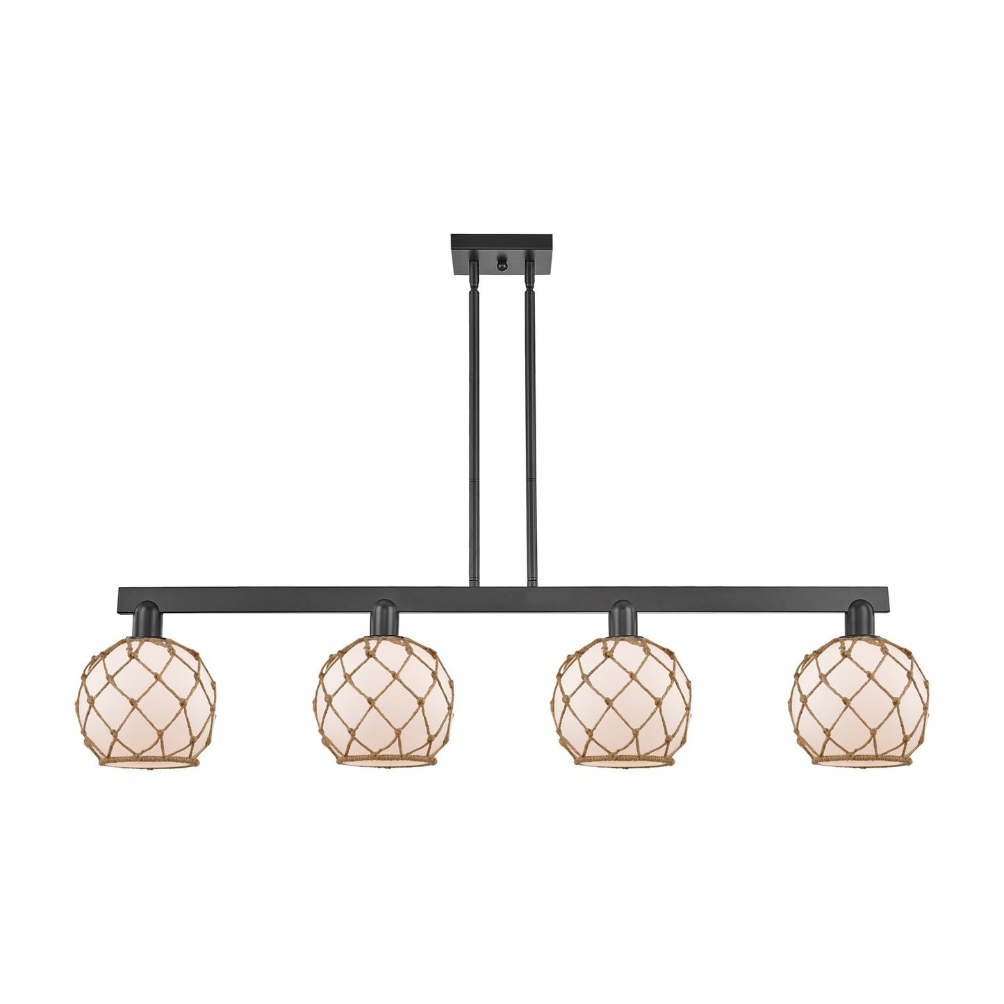 Innovations Farmhouse Rope 51in 4-Light Island Light | Industrial Matte Black Steel and White Frosted Glass with Brown Rope | Model 716-4I-BK-G121-8RB