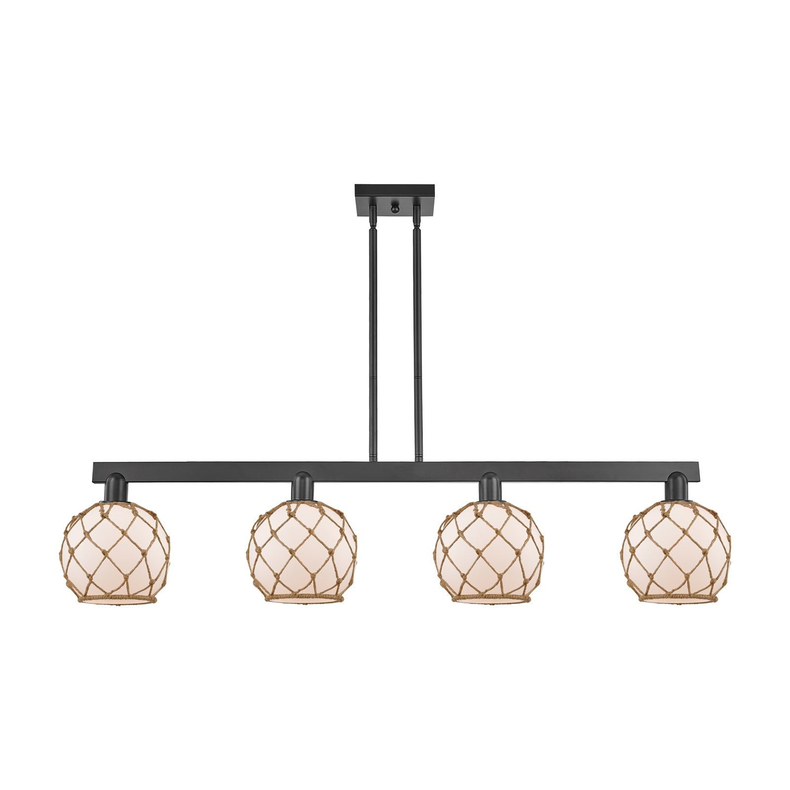 Innovations Farmhouse Rope 51in 4-Light Island Light | Industrial Matte Black Steel and White Frosted Glass with Brown Rope | Model 716-4I-BK-G121-8RB