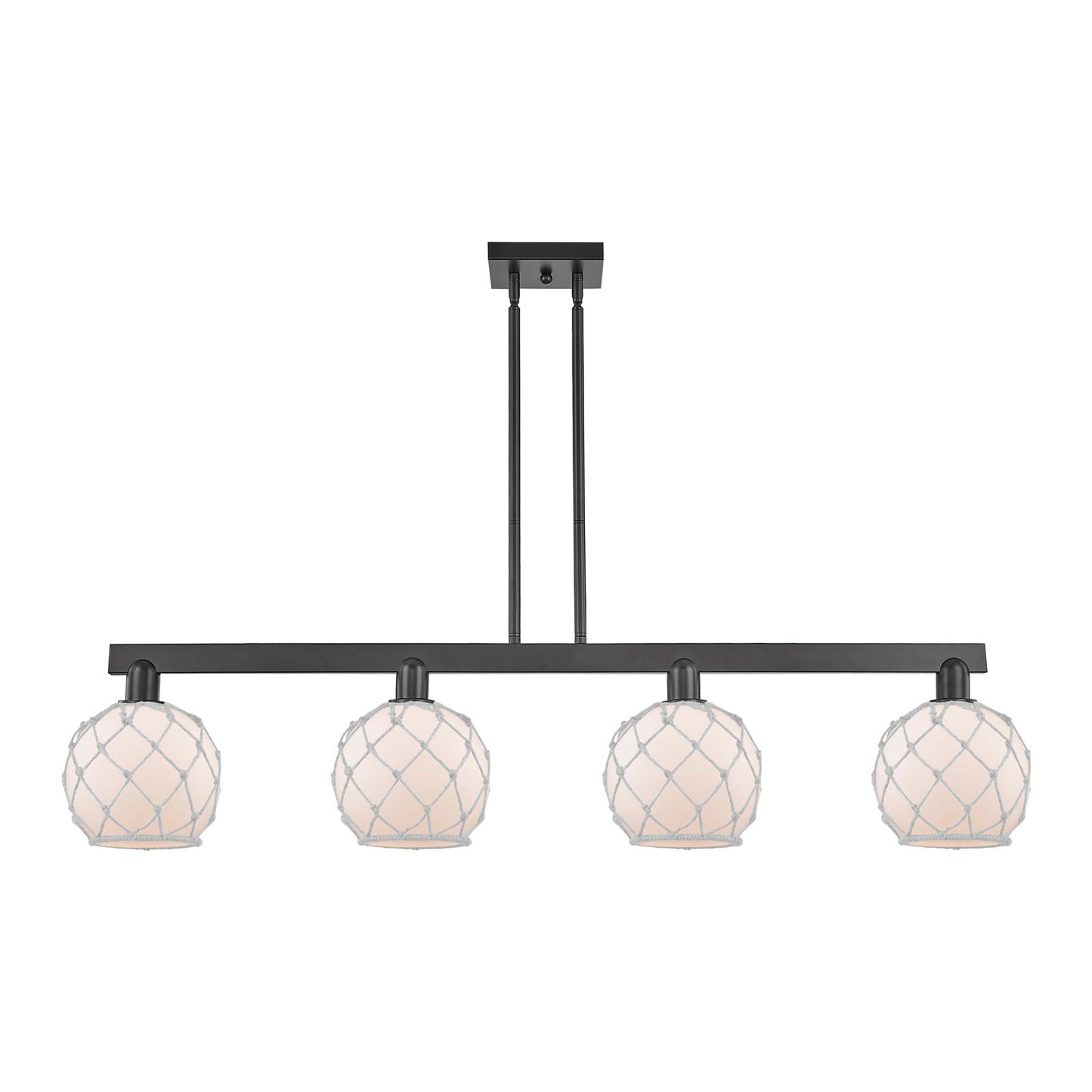 Innovations Farmhouse Rope 51in 4-Light Island Light | Industrial Matte Black Steel and White Frosted Glass with Rope | Kitchen | Model 716-4I-BK-G121-8RW