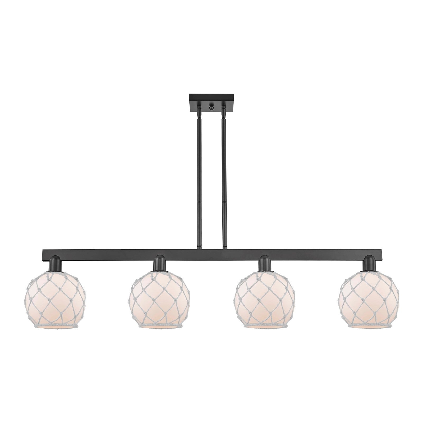 Innovations Farmhouse Rope 51in 4-Light Island Light | Industrial Matte Black Steel and White Frosted Glass with Rope | Kitchen | Model 716-4I-BK-G121-8RW