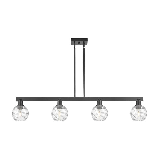 Innovations Athens Deco Swirl 48in 4-Light Island Light | Industrial Matte Black Steel and Clear Deco Swirl Glass | Kitchen | Model 716-4I-BK-G1213-6CL