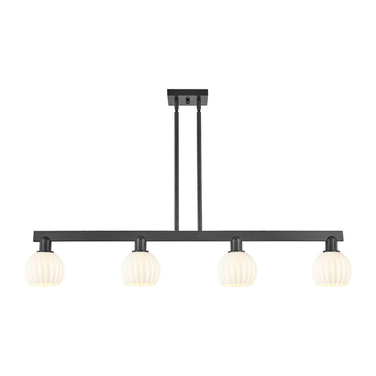 Innovations Lighting Arcadia 49in 4-Light Island Light | Industrial Matte Black Steel and White Venetian Glass | Kitchen | Model 716-4I-BK-G1217-6WV