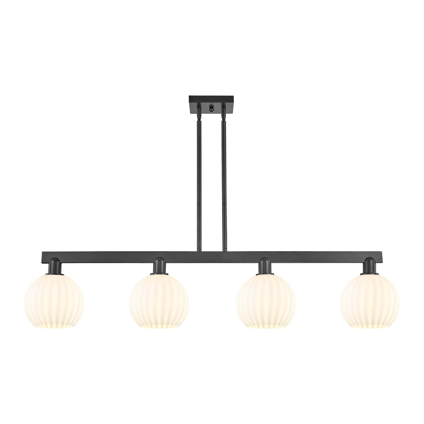 Innovations Lighting White Venetian 48in 4-Light Island Light | Modern Contemporary Matte Black Steel and White Venetian Glass | Model 716-4I-BK-G1217-8WV
