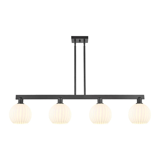 Innovations Lighting White Venetian 48in 4-Light Island Light | Modern Contemporary Matte Black Steel and White Venetian Glass | Model 716-4I-BK-G1217-8WV