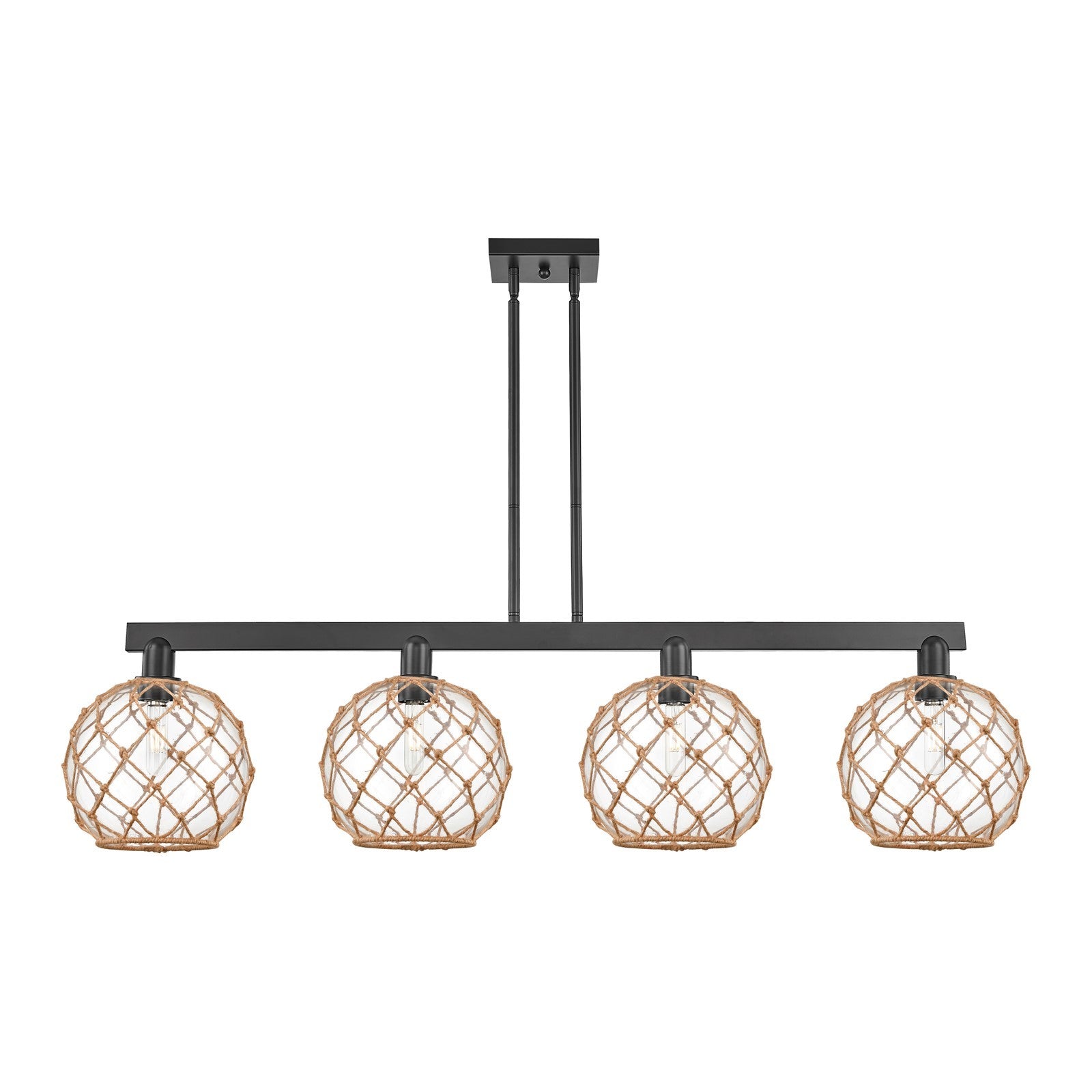 Innovations Farmhouse Rope 53in 4-Light Island Light | Industrial Matte Black Steel and Clear Glass with Brown Rope | Kitchen | Model 716-4I-BK-G122-10RB
