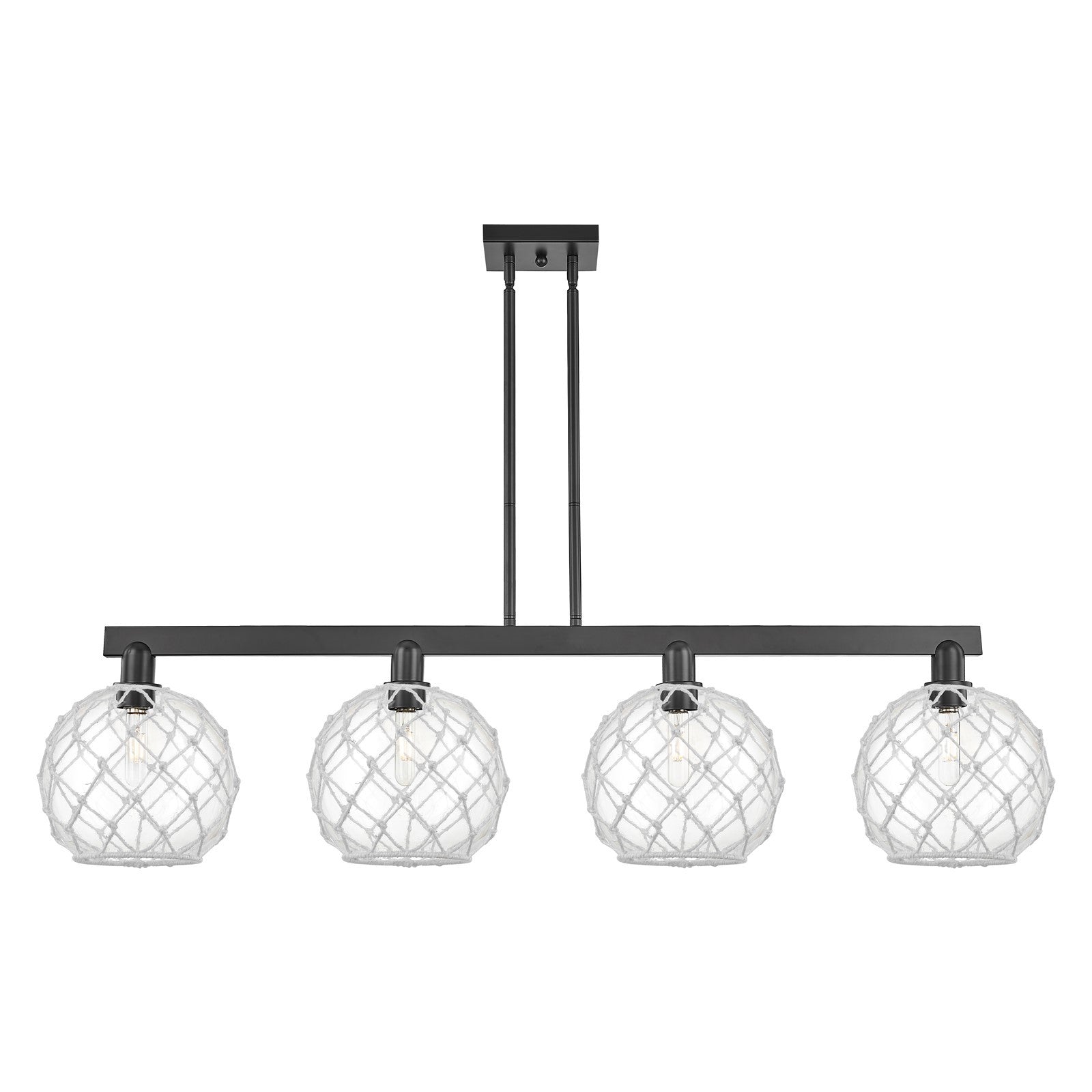 Innovations Farmhouse Rope 53in 4-Light Island Light | Industrial Matte Black Steel and Clear Glass with White Rope Shade | Model 716-4I-BK-G122-10RW