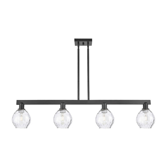 Innovations Waverly 49in 4-Light Island Light | Industrial Matte Black Steel and Clear Water Glass | Kitchen Island & Dining Room | Model 716-4I-BK-G362
