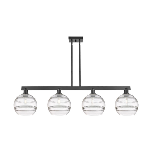 Innovations Rochester 53in 4-Light Island Light | Industrial Matte Black Steel and Clear Glass | Kitchen Island | Model 716-4I-BK-G556-10CL