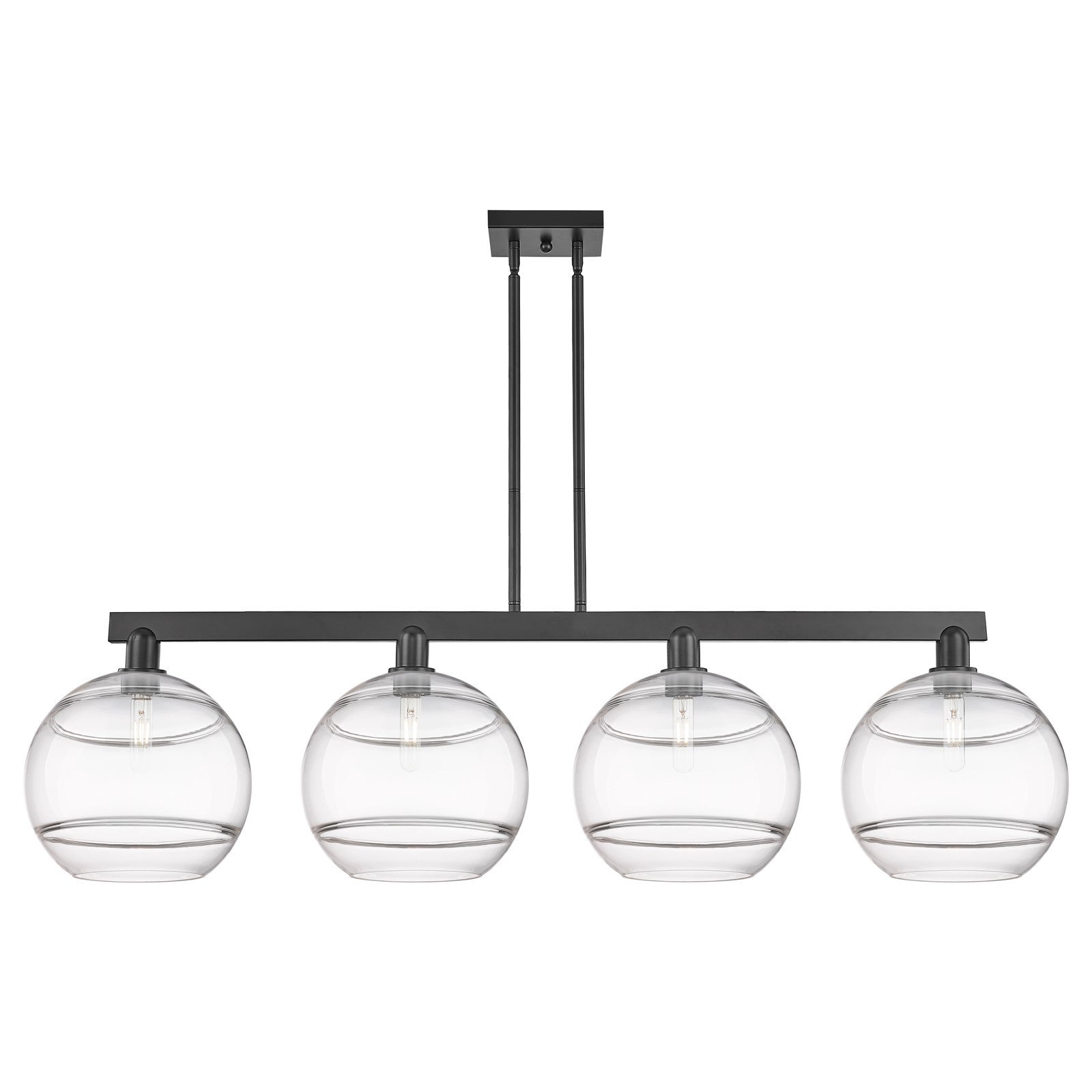 Innovations Rochester 55in 4-Light Island Light | Industrial Matte Black Steel and Clear Glass | Kitchen Island & Dining Room | Model 716-4I-BK-G556-12CL