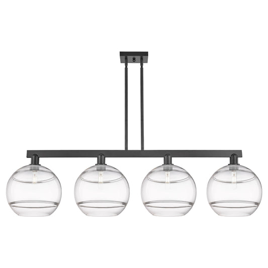 Innovations Rochester 55in 4-Light Island Light | Industrial Matte Black Steel and Clear Glass | Kitchen Island & Dining Room | Model 716-4I-BK-G556-12CL