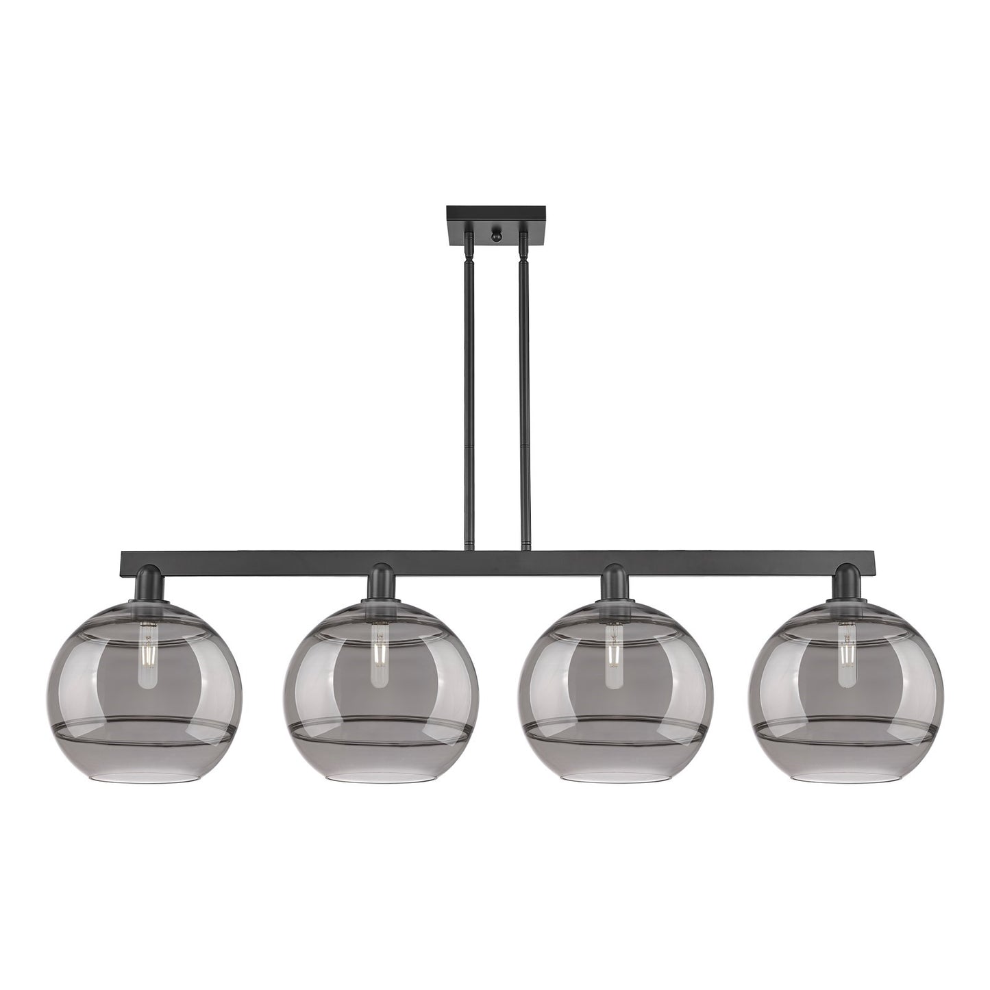 Innovations Rochester 55in 4-Light Island Light | Industrial Matte Black Steel and Light Smoke Glass | Kitchen Island & Dining | Model 716-4I-BK-G556-12SM