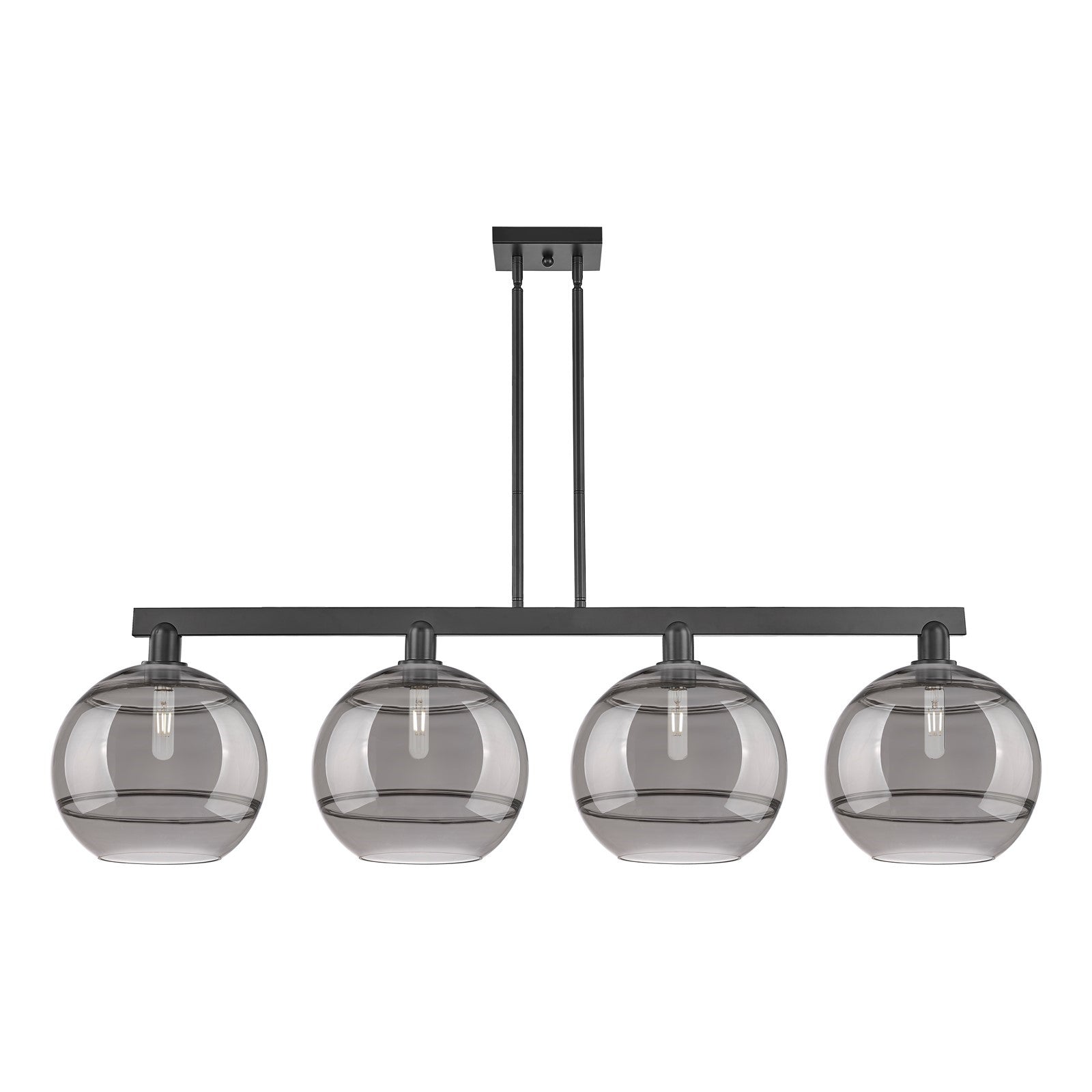 Innovations Rochester 55in 4-Light Island Light | Industrial Matte Black Steel and Light Smoke Glass | Kitchen Island & Dining | Model 716-4I-BK-G556-12SM