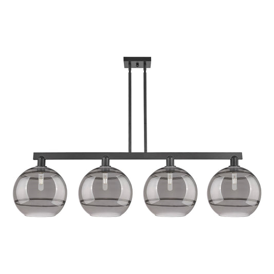 Innovations Rochester 55in 4-Light Island Light | Industrial Matte Black Steel and Light Smoke Glass | Kitchen Island & Dining | Model 716-4I-BK-G556-12SM