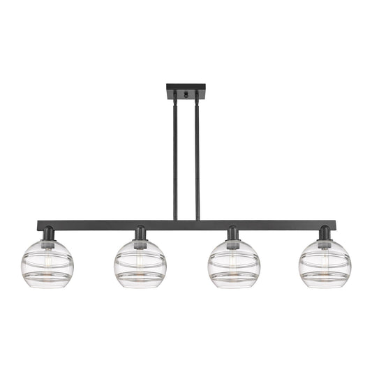 Innovations Rochester 51in 4-Light Island Light | Industrial Matte Black Steel and Clear Glass | Kitchen Island & Dining Room | Model 716-4I-BK-G556-8CL