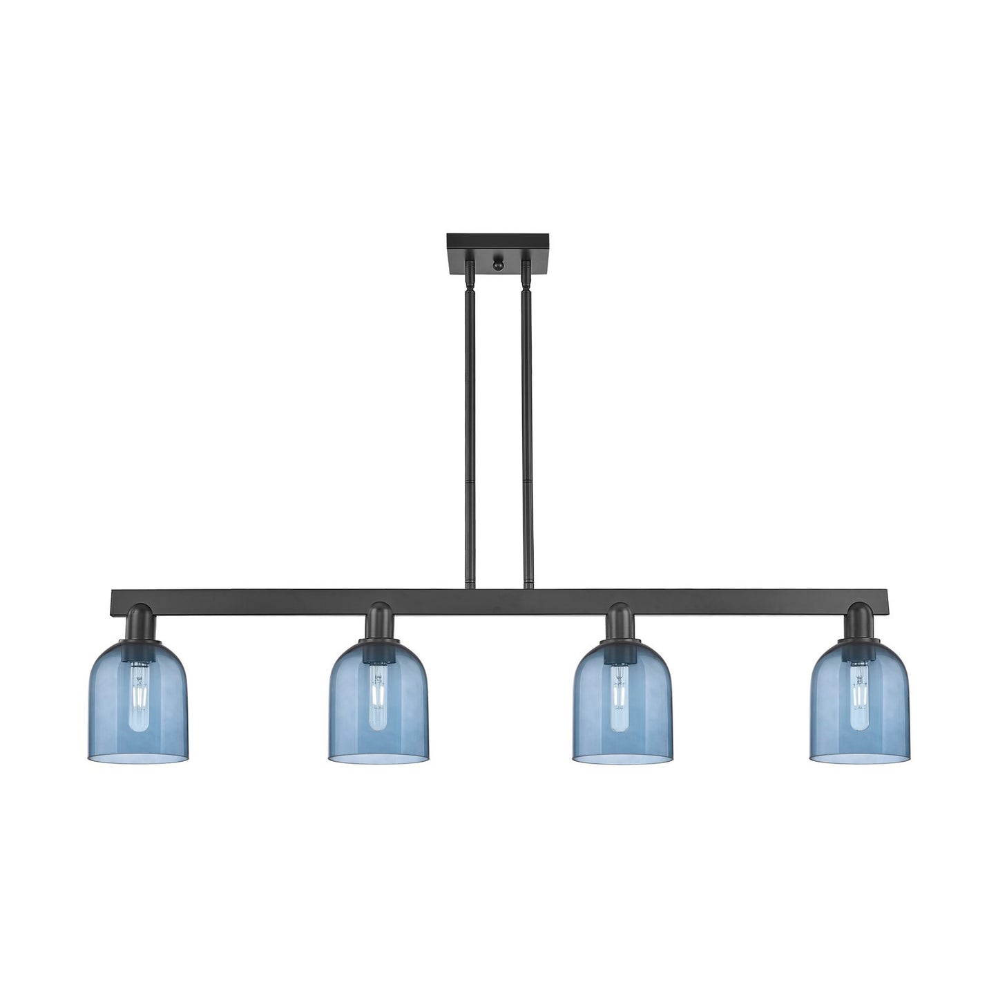 Innovations Bella 48in 4-Light Island Light | Industrial Matte Black Steel and Blue Glass | Kitchen Island & Dining Room | Model 716-4I-BK-G558-6BL