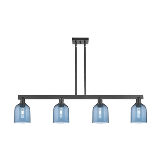 Innovations Bella 48in 4-Light Island Light | Industrial Matte Black Steel and Blue Glass | Kitchen Island & Dining Room | Model 716-4I-BK-G558-6BL