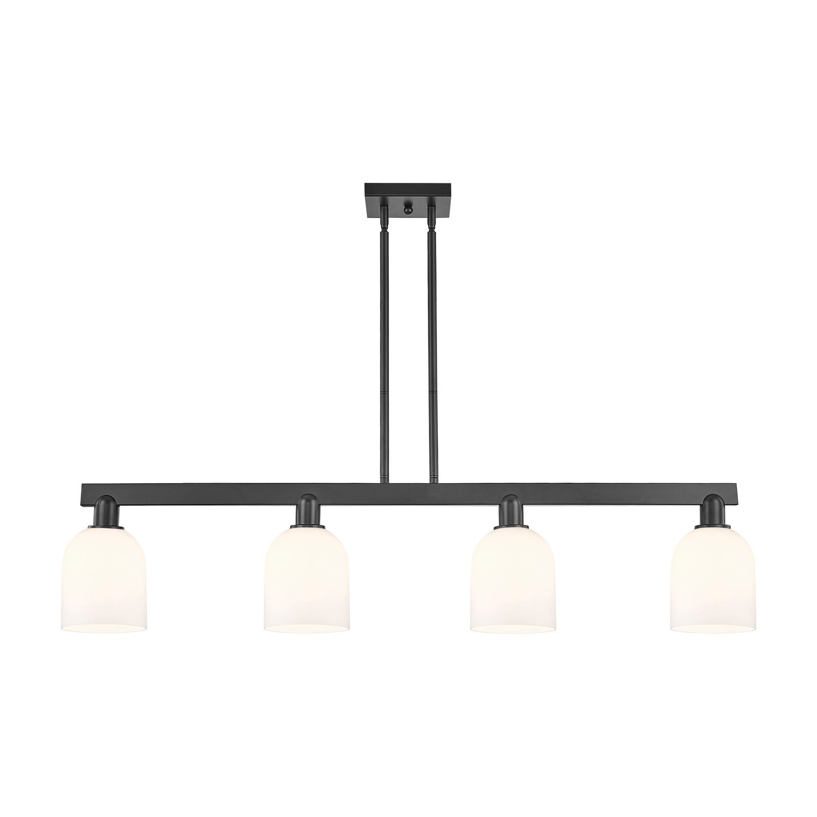Innovations Bella 48in 4-Light Island Light | Industrial Matte Black Steel and White Glass | Kitchen Island & Dining Room | Model 716-4I-BK-G558-6GWH