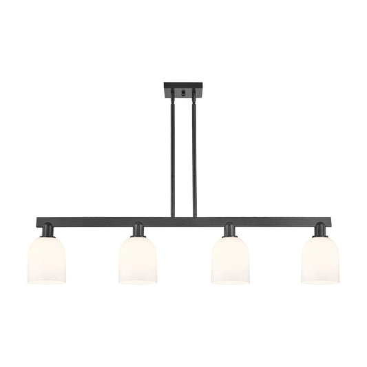 Innovations Bella 48in 4-Light Island Light | Industrial Matte Black Steel and White Glass | Kitchen Island & Dining Room | Model 716-4I-BK-G558-6GWH