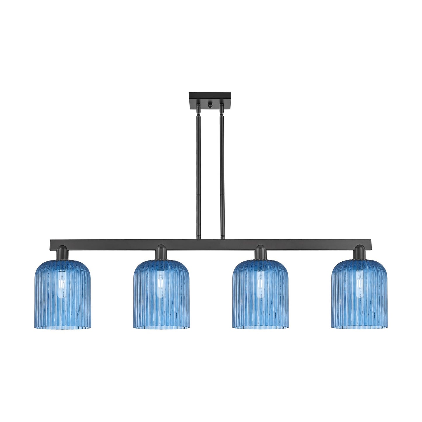 Innovations Bridal Veil 51in 4-Light Island Light | Industrial Matte Black Steel and Princess Blue Ribbed Glass | Kitchen | Model 716-4I-BK-G559-8BL