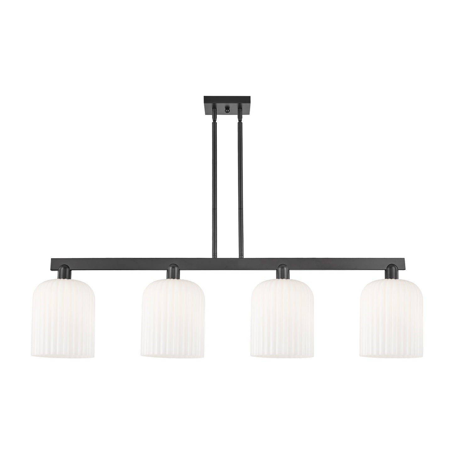 Innovations Bridal Veil 51in 4-Light Island Light | Industrial Matte Black Steel and Gloss White Ribbed Glass | Kitchen Island | Model 716-4I-BK-G559-8GWH